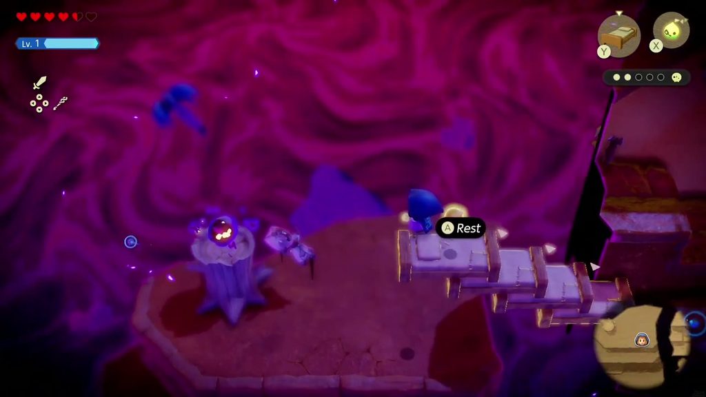 A Rift in the Gerudo Desert - The Legend of Zelda: Echoes of Wisdom Walkthrough 75 Old Bed echoes stacked as steps up to the Still World plateau where a trapped Tri friend sits on a dark stump.