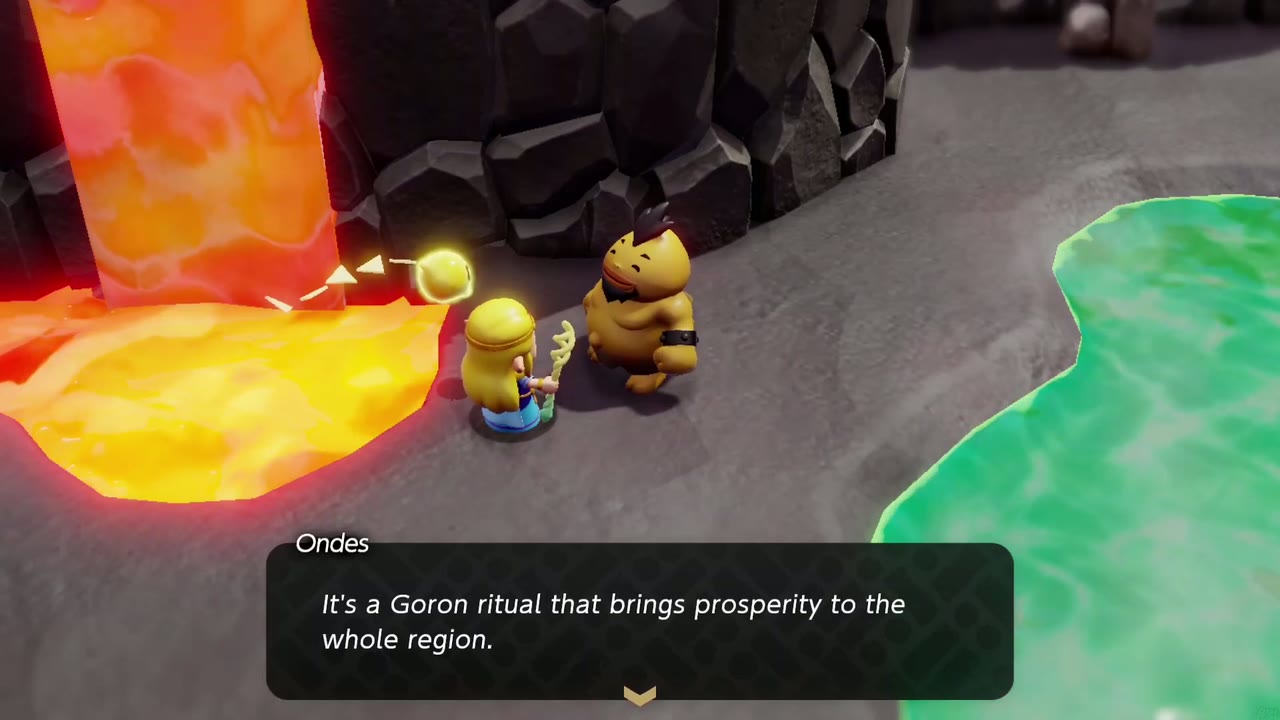 Ondes, lost on Eldin Volcano, explains the Goron coal ritual for The Flames of Fortune. Ondes, lost on Eldin Volcano, explains the Goron coal ritual for The Flames of Fortune.