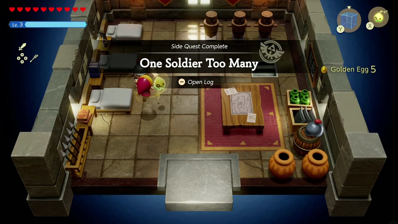 One Soldier Too Many - The Legend of Zelda: Echoes of Wisdom Walkthrough 27 Side Quest Complete banner for One Soldier Too Many in the Barracks, with the Golden Egg counter.