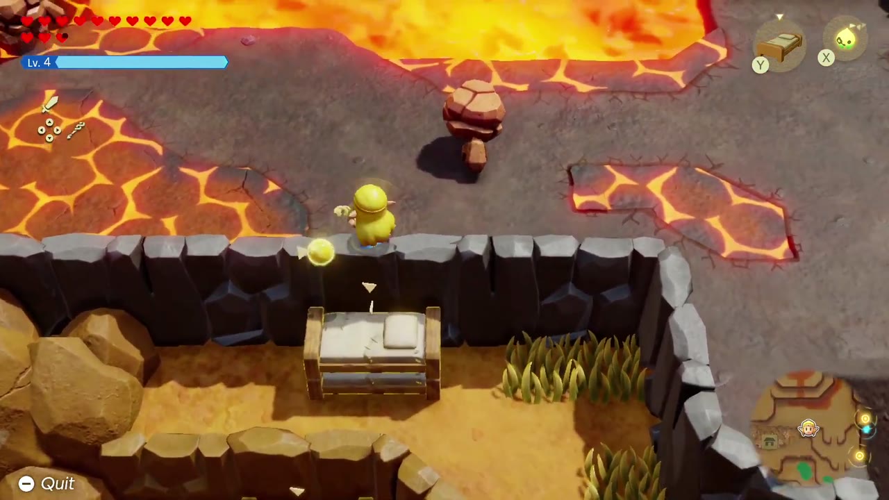 Ready? Set? Goron! - The Legend of Zelda: Echoes of Wisdom Walkthrough 10 Zelda runs onto the stone paths beside the lava past a rock monster.