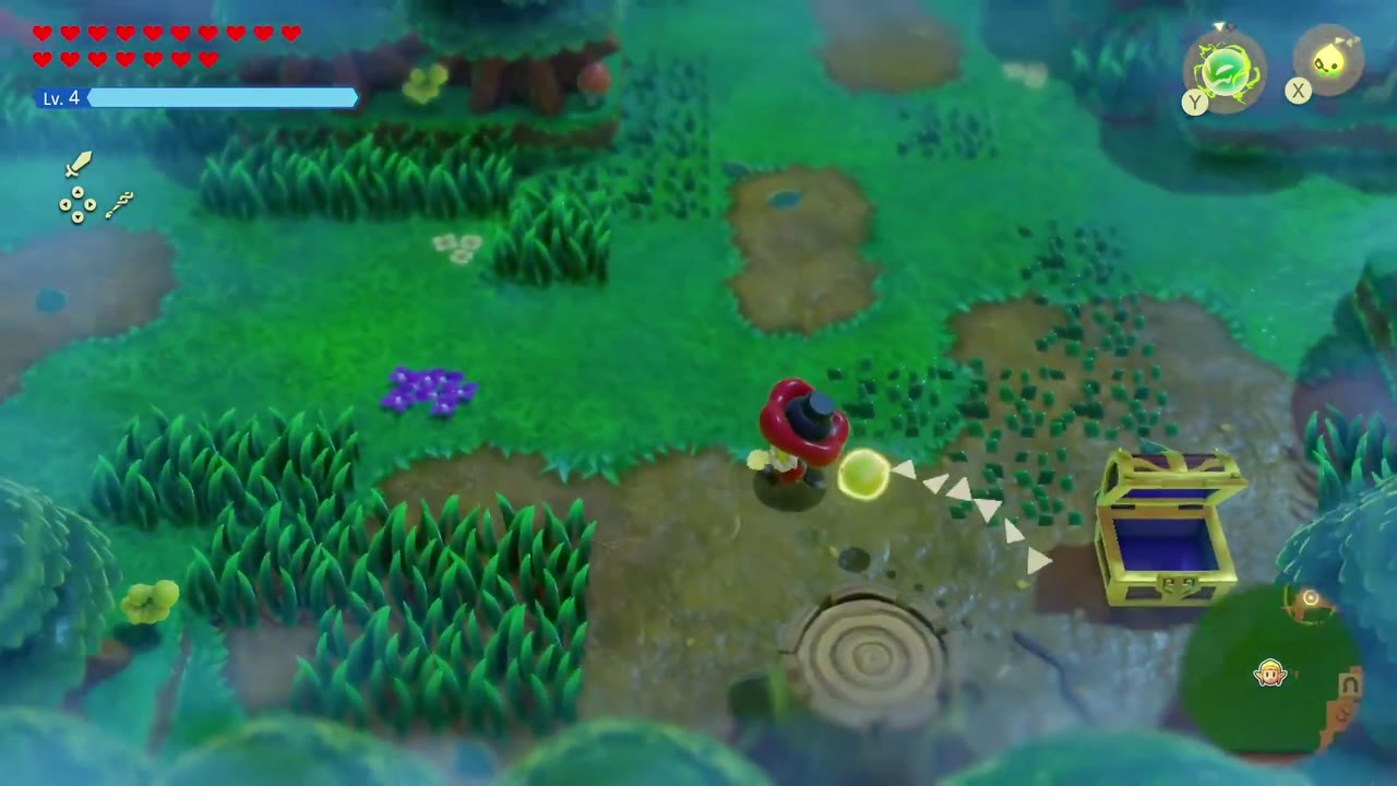 The Eternal Forest - The Legend of Zelda: Echoes of Wisdom Walkthrough 92 An opened chest in a dirt clearing of the Eternal Forest fog maze, where the chests hold monster stones