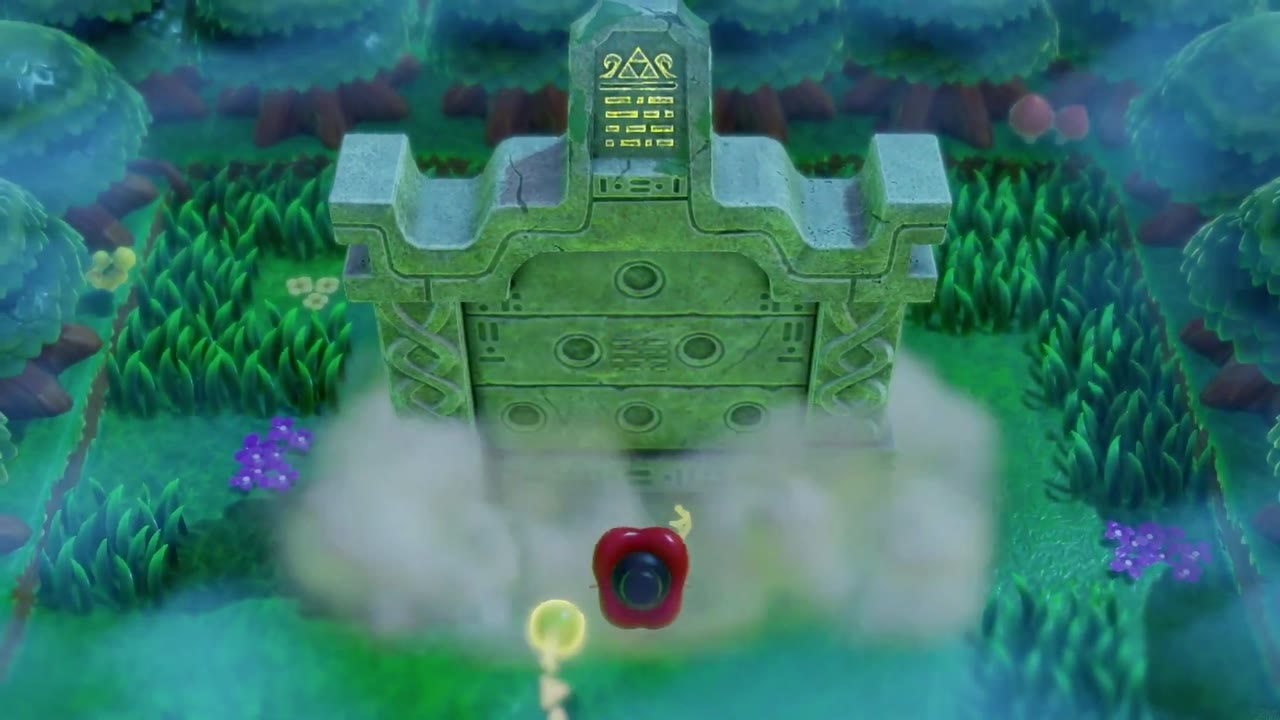 The Eternal Forest - The Legend of Zelda: Echoes of Wisdom Walkthrough 23 A large stone monument rises behind the tablet in a cloud of dust as Zelda watches.