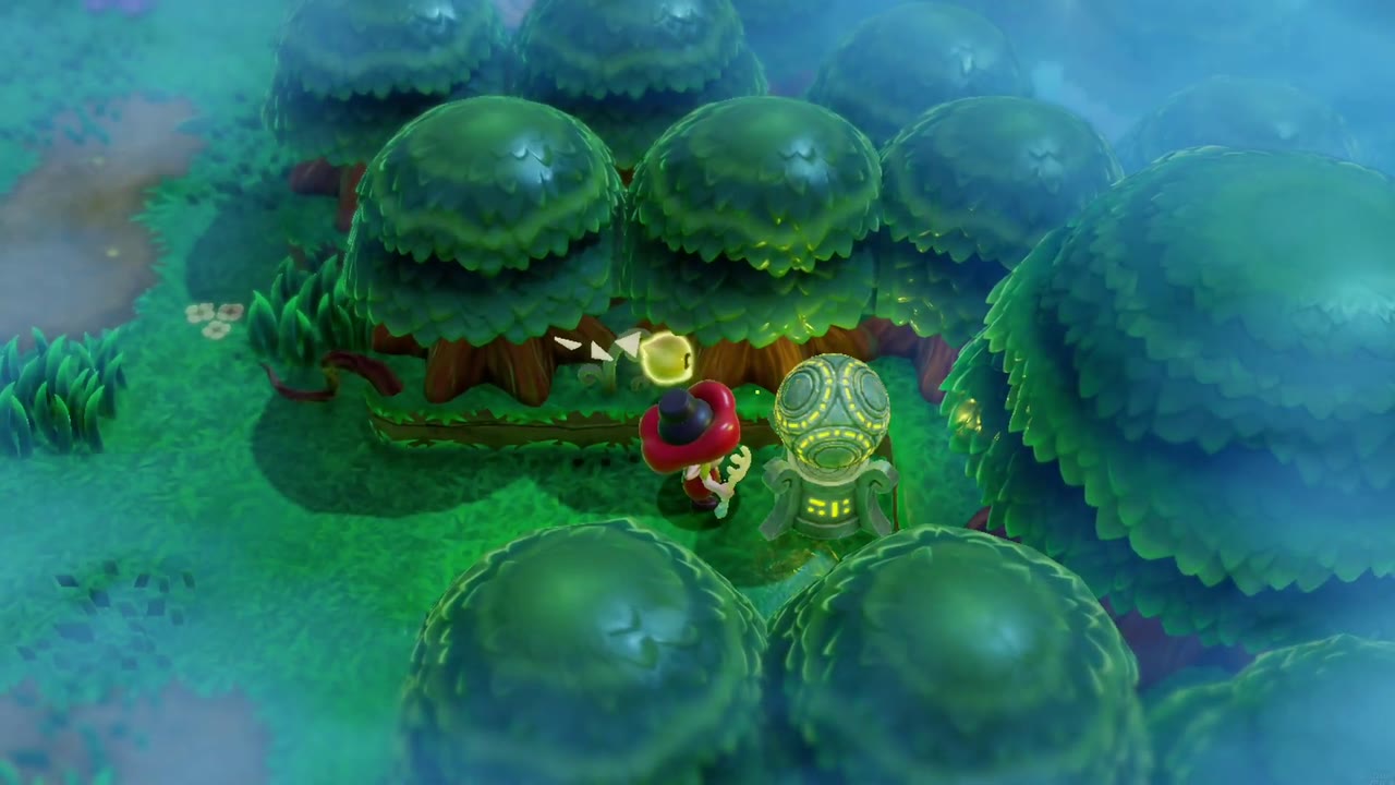 The Eternal Forest - The Legend of Zelda: Echoes of Wisdom Walkthrough 35 Zelda crowns the fourth pedestal with an Ancient Orb in a fog-shrouded nook below a row of trees.