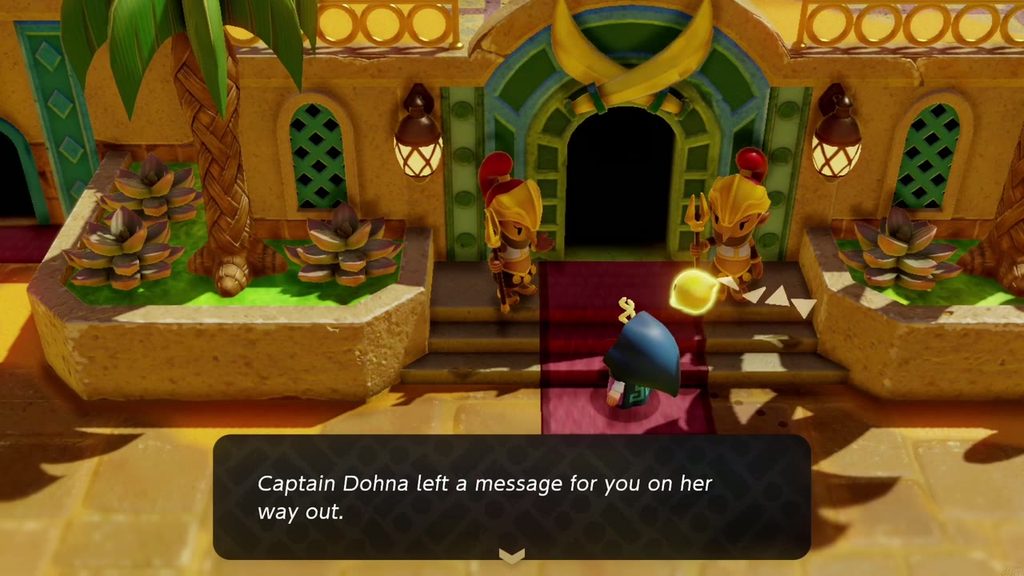 A Rift in the Gerudo Desert - The Legend of Zelda: Echoes of Wisdom Walkthrough 25 Outside Gerudo Palace, a guard says Captain Dohna left a message for Zelda on her way out.