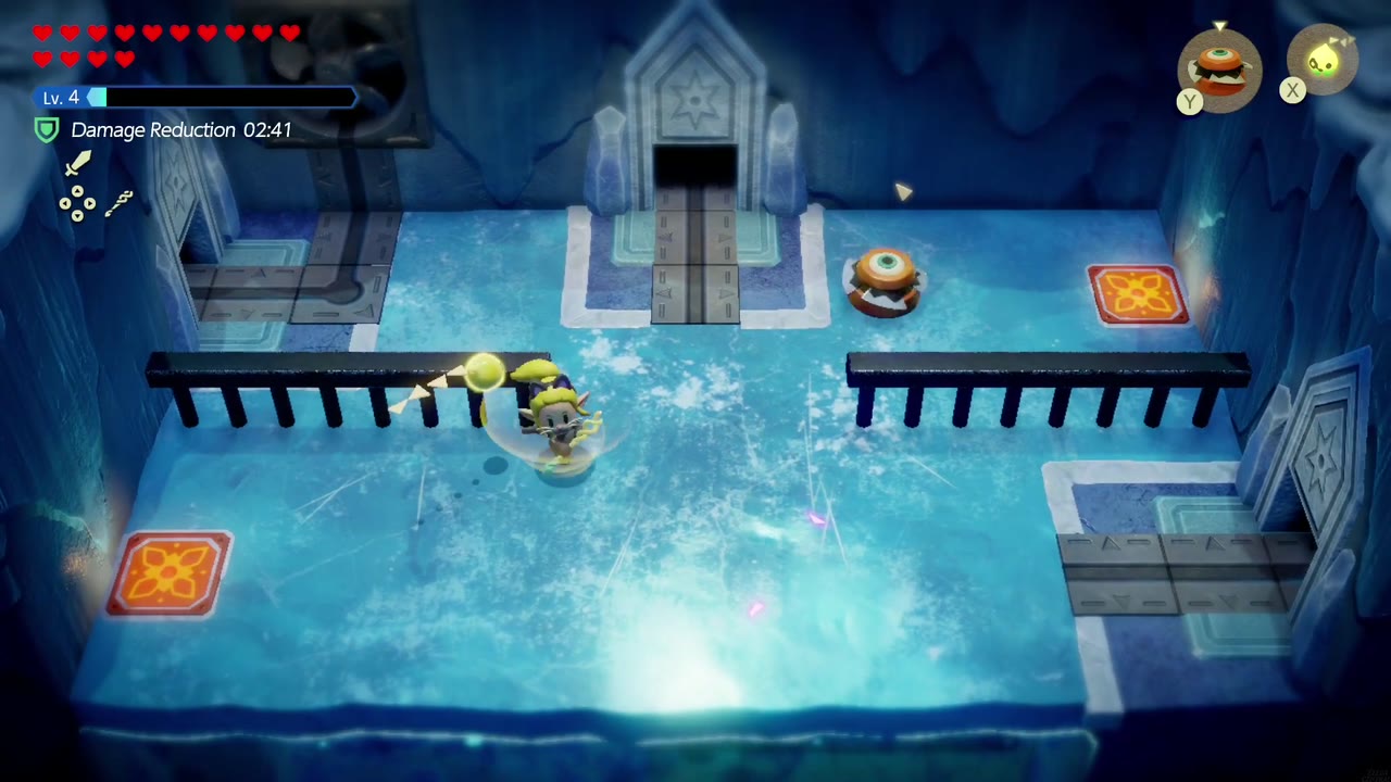 Lanayru Temple Dungeon - The Legend of Zelda: Echoes of Wisdom Walkthrough 63 With the floor frozen, Zelda and a Pathblade echo hold both pressure plates down to open the gate.