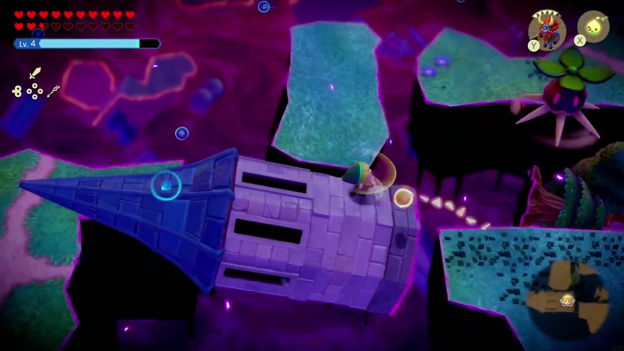 The Eternal Forest - The Legend of Zelda: Echoes of Wisdom Walkthrough 59 A shadow Peahat hovers by the toppled blue spire as Zelda crosses the grass islands of the Stilled Ancient Ruins.