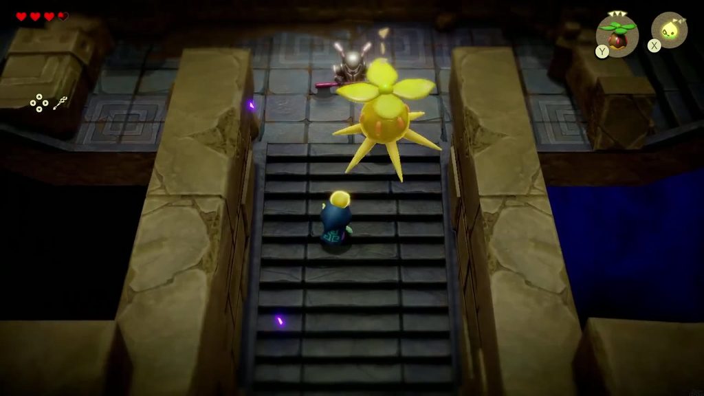 A summoned Peahat echo attacks the Darknut at the top of the stairs while Zelda hangs back