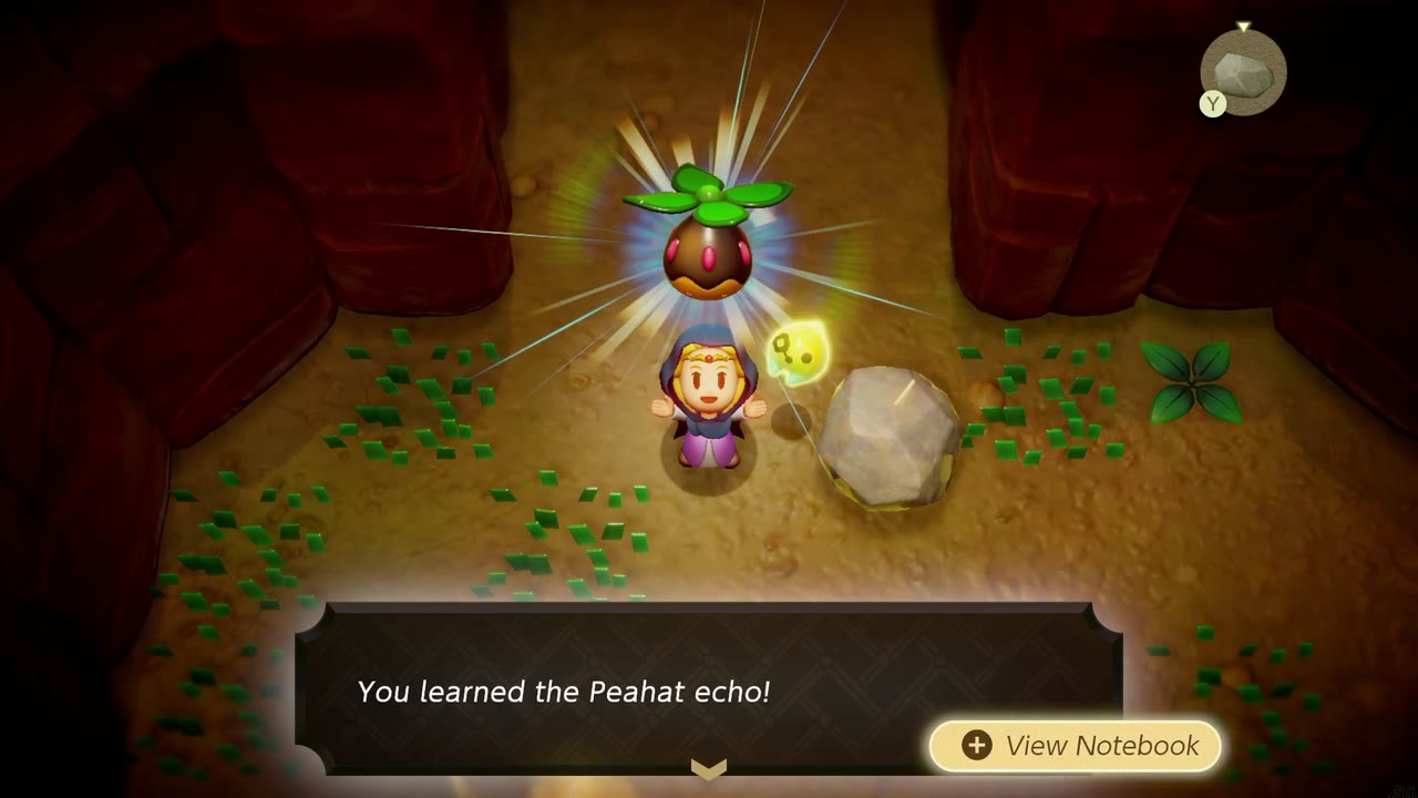 Zelda aprende o eco do Peahat dentro da caverna iluminada por braseiros na Floresta de Suthorn. Zelda aprende o eco do Peahat dentro da caverna iluminada por braseiros na Floresta de Suthorn.