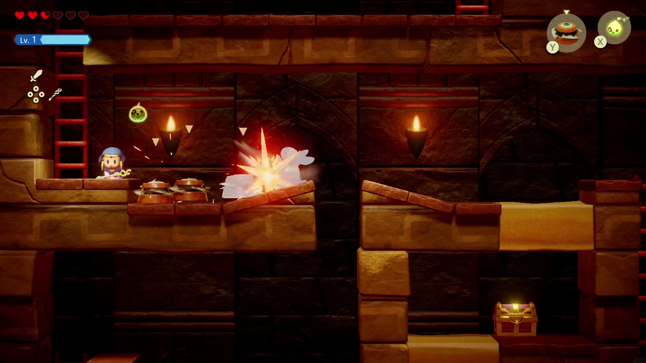 Gerudo Sanctum Dungeon - The Legend of Zelda: Echoes of Wisdom Walkthrough 43 A summoned Peahat chews into the rolling Caromadillos on the first side-view platform.