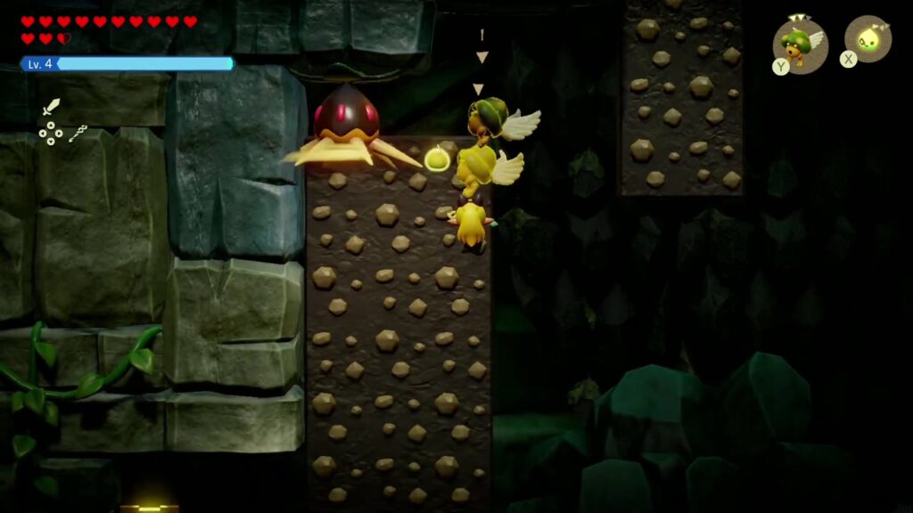 Hebra Mountain: A Rift on Holy Mount Lanayru - The Legend of Zelda: Echoes of Wisdom Walkthrough 15 Zelda and her echoes fight a Peahat perched on the studded climbing wall in Hebra Mountain Passage.