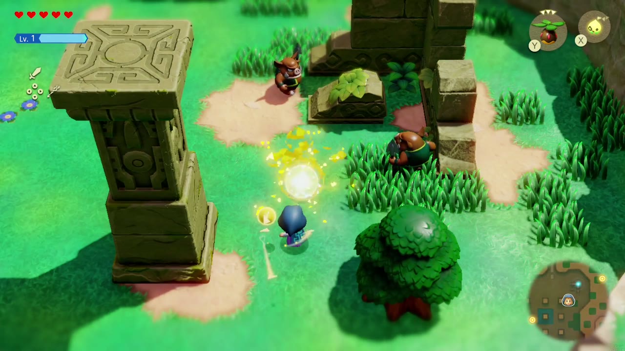 Up a Wall - The Legend of Zelda: Echoes of Wisdom Walkthrough 3 Zelda summons a Peahat echo in a burst of light as Spear Moblins stand by the stone ledges.