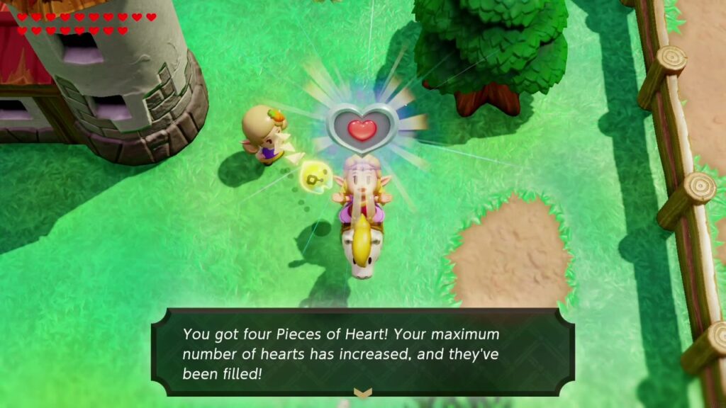 Zu Pferd bei Hyrule Auf der Ranch hält Zelda das Herzteil hoch, weil sie den mittleren Gang gemeistert hat.