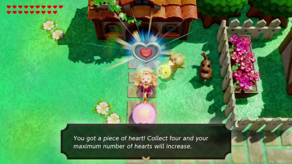 Zelda hält das Herzteil hoch, das ihr der Junge gibt, weil sie ihm das Gizmol gezeigt hat.