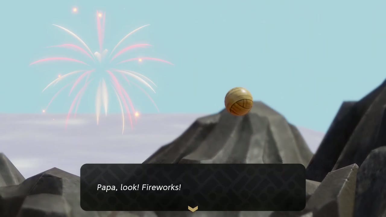 The Fireworks Artist - The Legend of Zelda: Echoes of Wisdom Walkthrough 23 A pink firework bursts over Eldin Volcano as a young Goron calls out Papa, look! Fireworks!