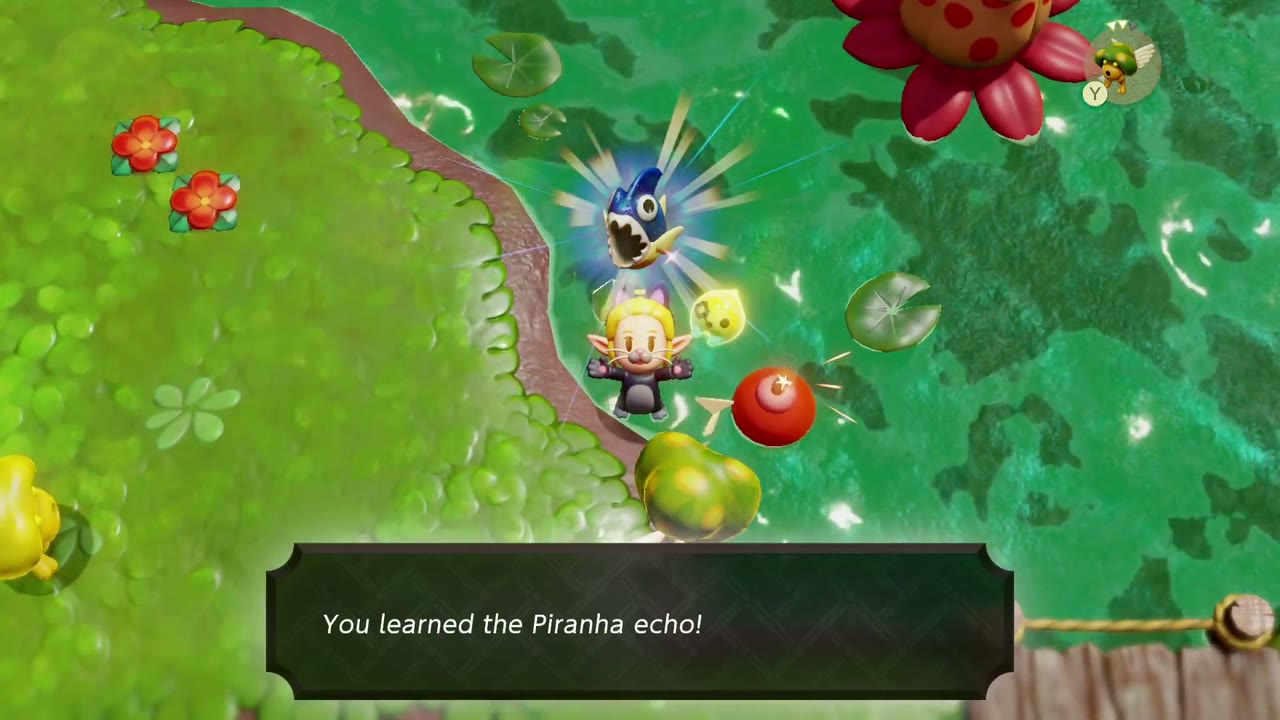 Zelda aprende o eco da piranha na beira de um lago de lírios nos Pântanos de Faron. Zelda aprende o eco da piranha na beira de um lago de lírios nos Pântanos de Faron.