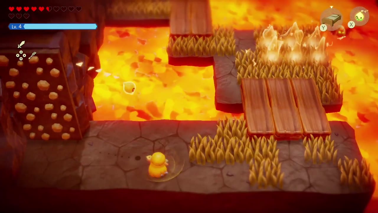 A Mountainous Mystery - The Legend of Zelda: Echoes of Wisdom Walkthrough 13 Wooden plank bridges and dry grass link the stone islands over the lava.