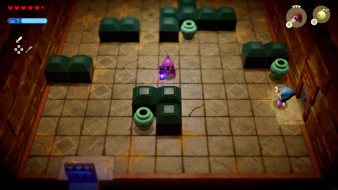Gerudo Sanctum Dungeon - The Legend of Zelda: Echoes of Wisdom Walkthrough 56 Behind the tribute room's left door, a Poe lurks among dark green blocks and Peahats.