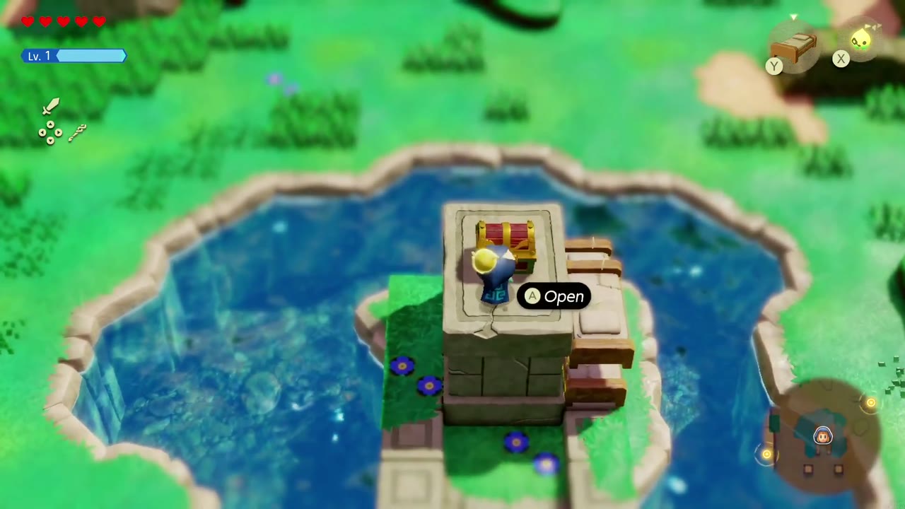 Zelda opens a chest on top of a stone pillar standing in a pond Zelda opens a chest on top of a stone pillar standing in a pond