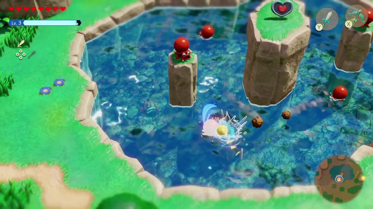 Hyrule Castle: Still Missing - The Legend of Zelda: Echoes of Wisdom Walkthrough 140 A Hyrule Field pond with stone pillars, Octoroks on the shorter ones and a Piece of Heart atop the tallest.