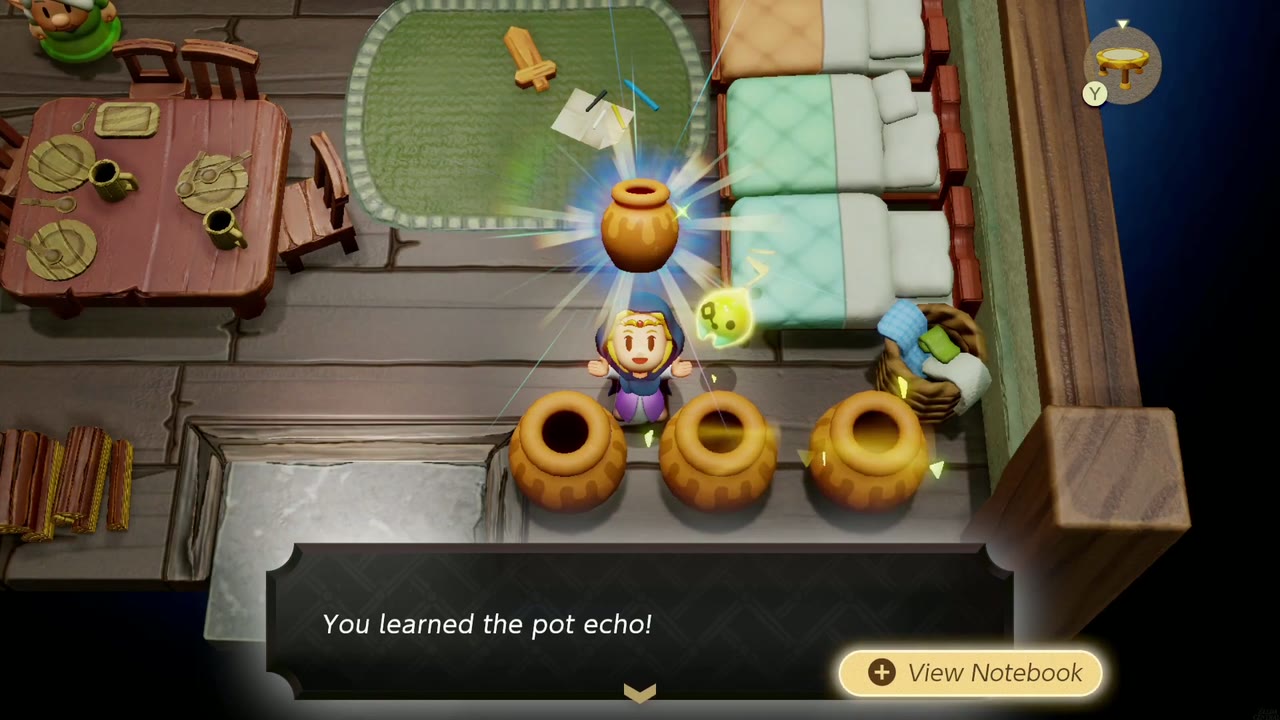 Zelda aprende o eco do vaso com uma fileira de vasos de barro dentro de uma casa na Vila Suthorn. Zelda aprende o eco do vaso com uma fileira de vasos de barro dentro de uma casa na Vila Suthorn.