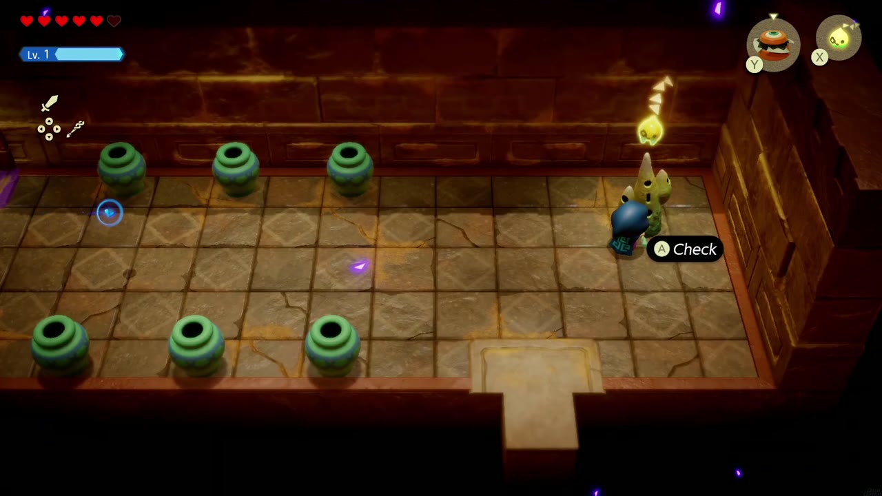 Gerudo Sanctum Dungeon - The Legend of Zelda: Echoes of Wisdom Walkthrough 89 Zelda checks the Waypoint statue in the Gerudo Sanctum room lined with green pots.
