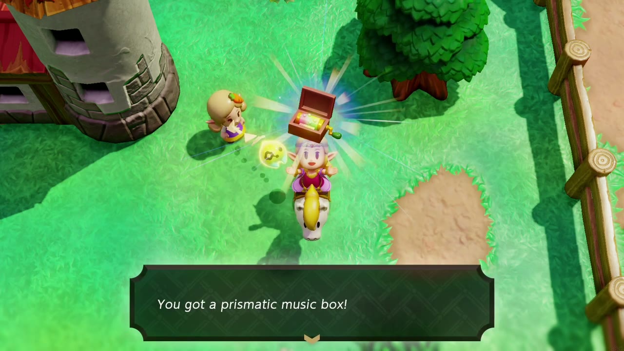 Zelda on horseback holds up the Prismatic Music Box at Hyrule Ranch as the get message appears Zelda on horseback holds up the Prismatic Music Box at Hyrule Ranch as the get message appears