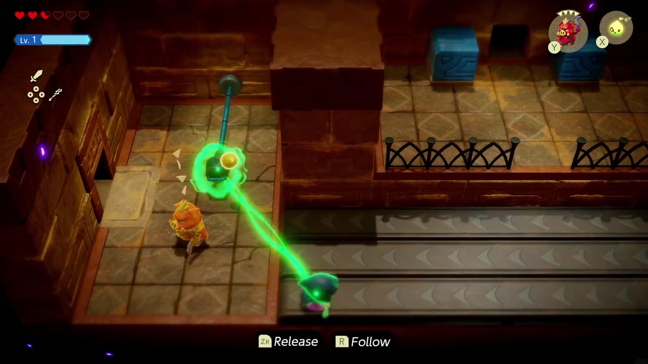 Gerudo Sanctum Dungeon - The Legend of Zelda: Echoes of Wisdom Walkthrough 22 Pulling the bound handle out onto the conveyor draws the two blue cubes apart at the exit.