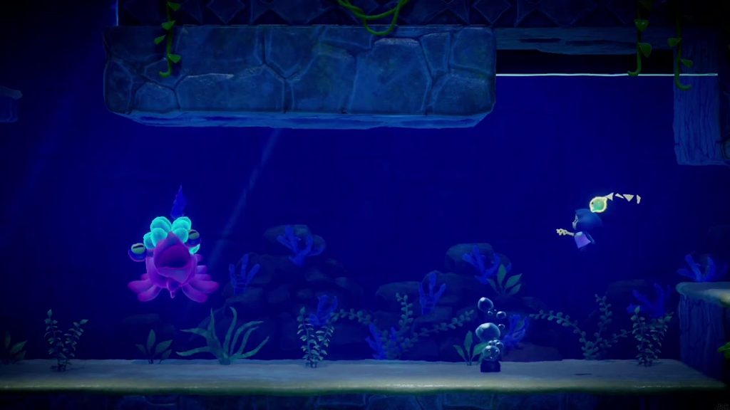 The purple crested creature, the same one later fought as the boss, appears behind Zelda in the passage.