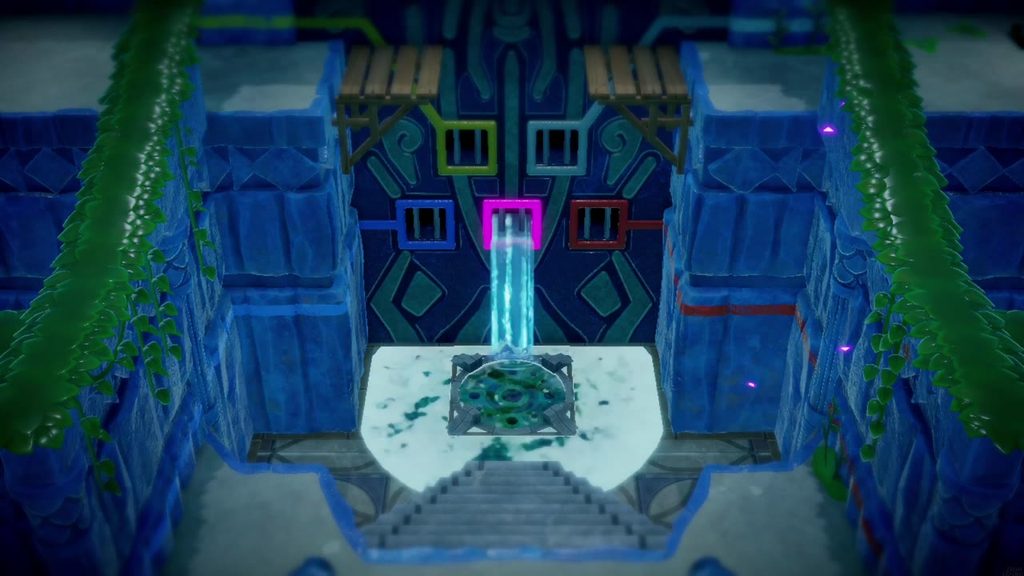 The purple lock lights on the five-colour door and water pours from it into the basin below.