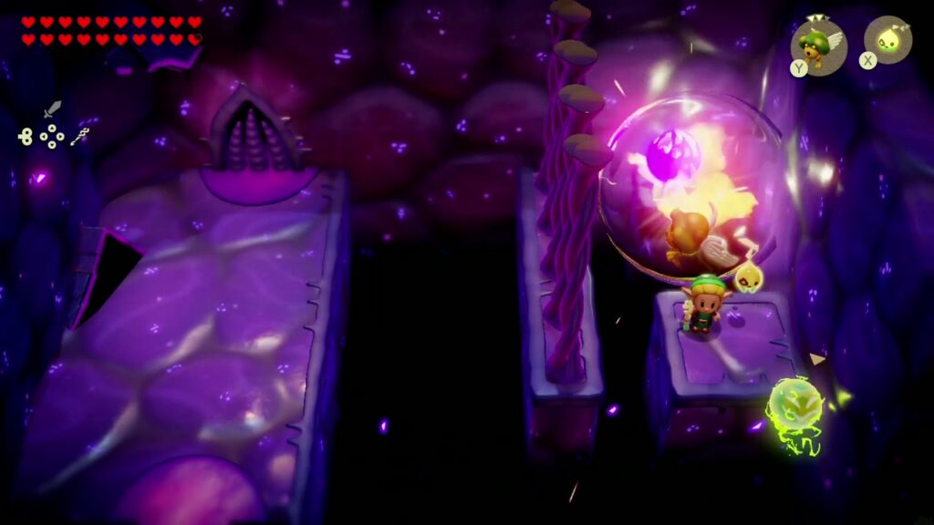 Null's Body: Final Dungeon - The Legend of Zelda: Echoes of Wisdom Walkthrough 16 The bomb blast bursts the purple orb on its pillar in Null's Body, opening the way forward.