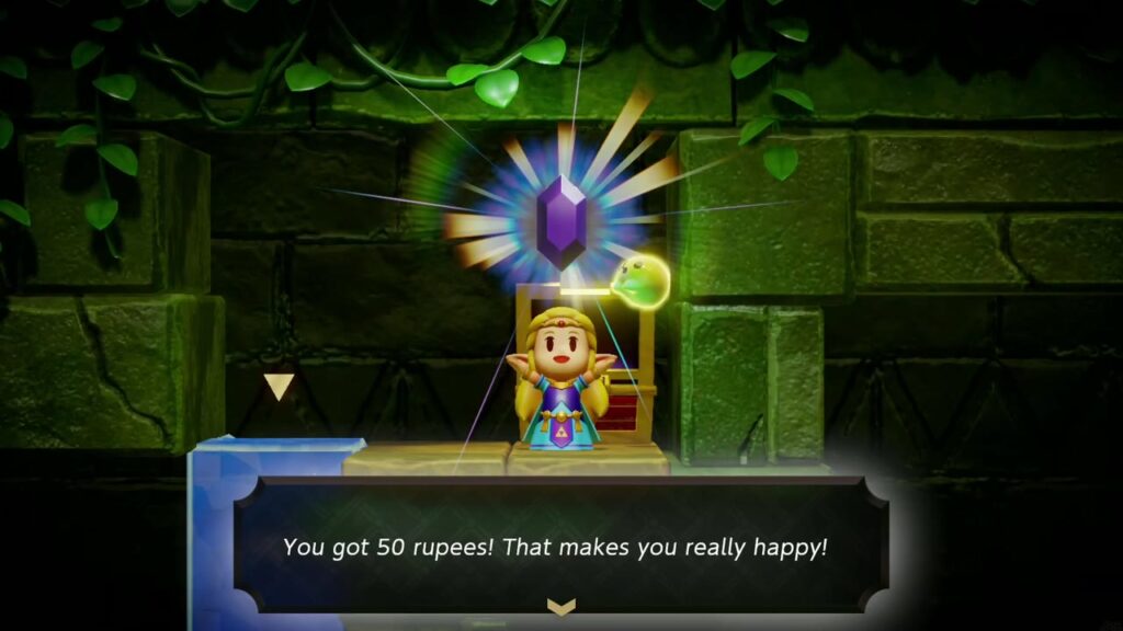 Faron Temple Dungeon - The Legend of Zelda: Echoes of Wisdom Walkthrough 55 Zelda holds up a purple Rupee: "You got 50 rupees!" from the ledge chest in the flooded room.