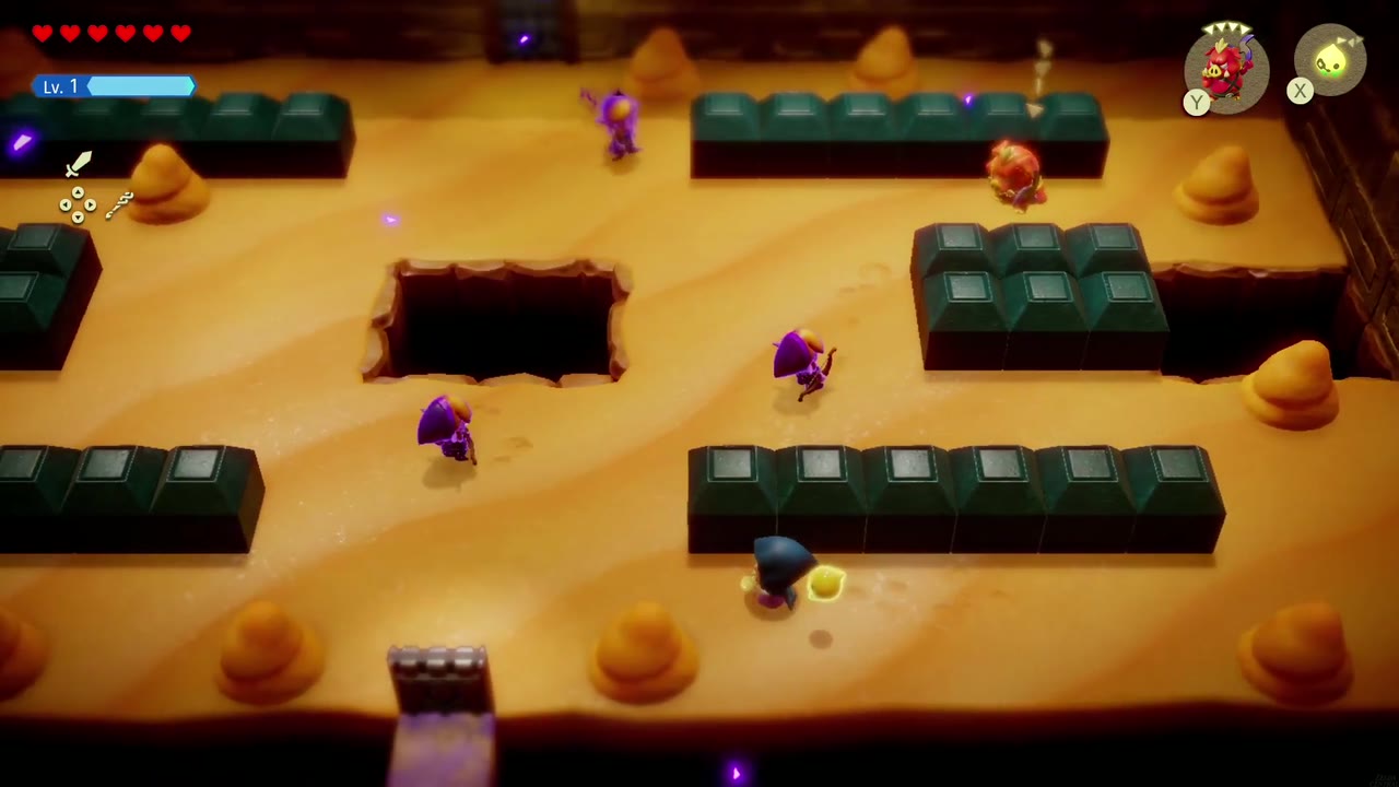 Gerudo Sanctum Dungeon - The Legend of Zelda: Echoes of Wisdom Walkthrough 93 A wave of purple shadow archers floods the sand pit room as Zelda fights back with a Boarblin echo.