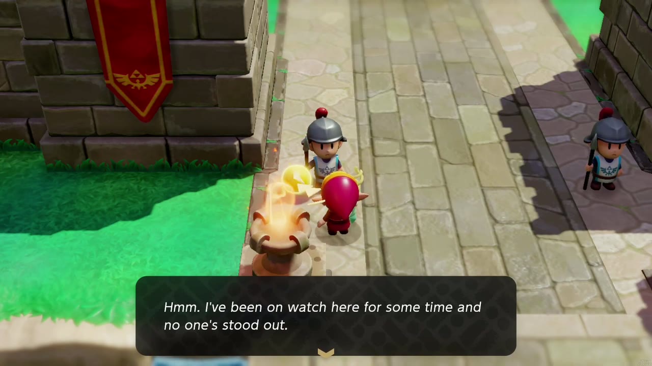 One Soldier Too Many - The Legend of Zelda: Echoes of Wisdom Walkthrough 5 Zelda questions a soldier on watch on the Castle Town walls.