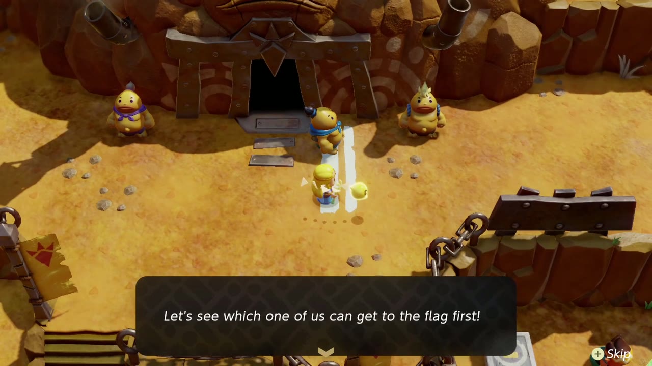 Ready? Set? Goron! - The Legend of Zelda: Echoes of Wisdom Walkthrough 8 Zelda and the Goron line up at the start line in front of Goron City's gate.