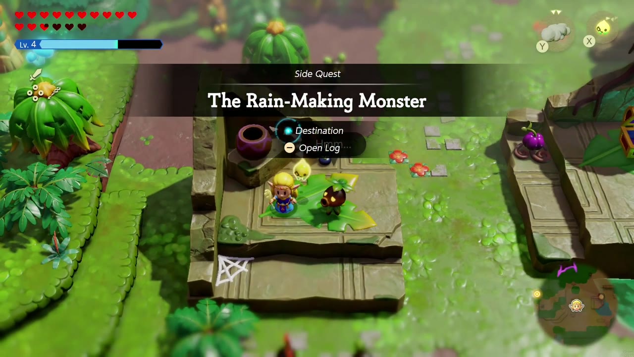 The Rain-Making Monster side-quest banner appears beside the researcher scrub's stone ledge. The Rain-Making Monster side-quest banner appears beside the researcher scrub's stone ledge.