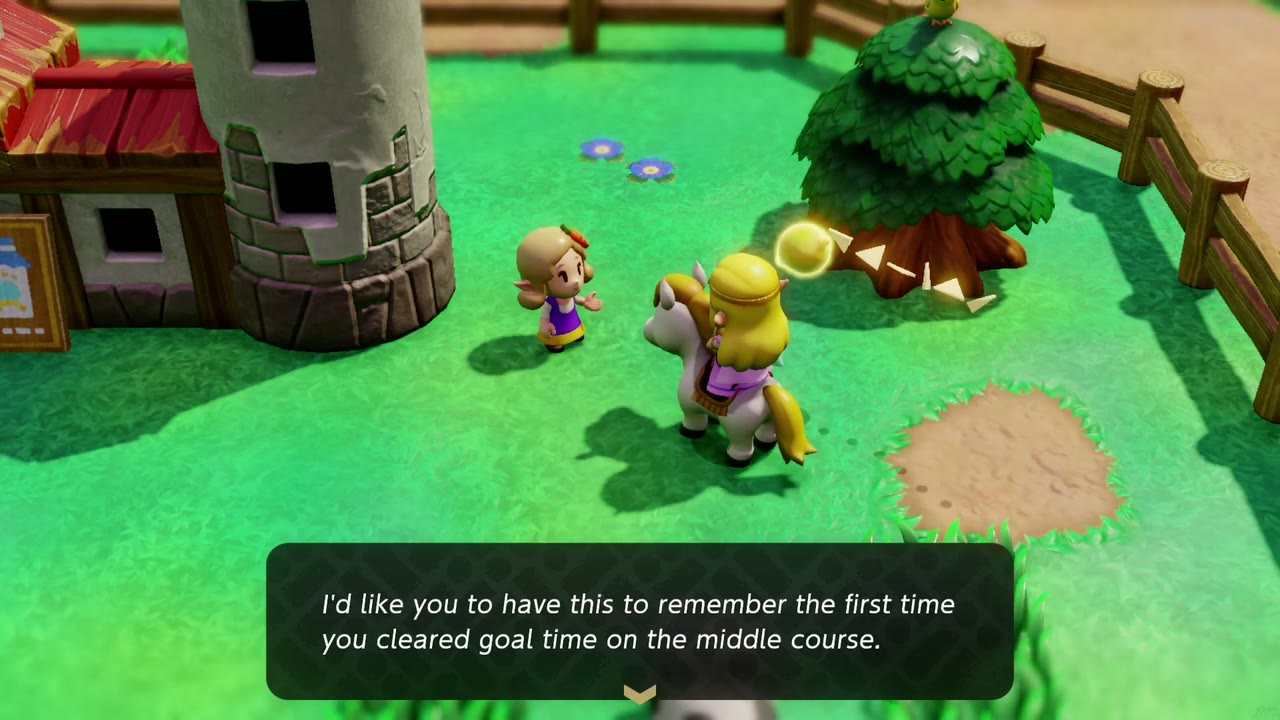 The ranch girl at Hyrule Ranch congratulates Zelda for clearing the middle course goal time The ranch girl at Hyrule Ranch congratulates Zelda for clearing the middle course goal time