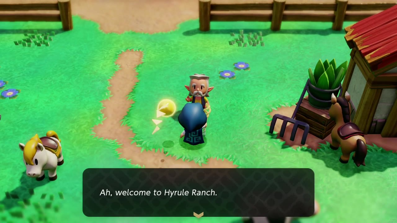 Runaway Horse - The Legend of Zelda: Echoes of Wisdom Walkthrough 2 The rancher greets Zelda with "Ah, welcome to Hyrule Ranch." beside a saddled horse.