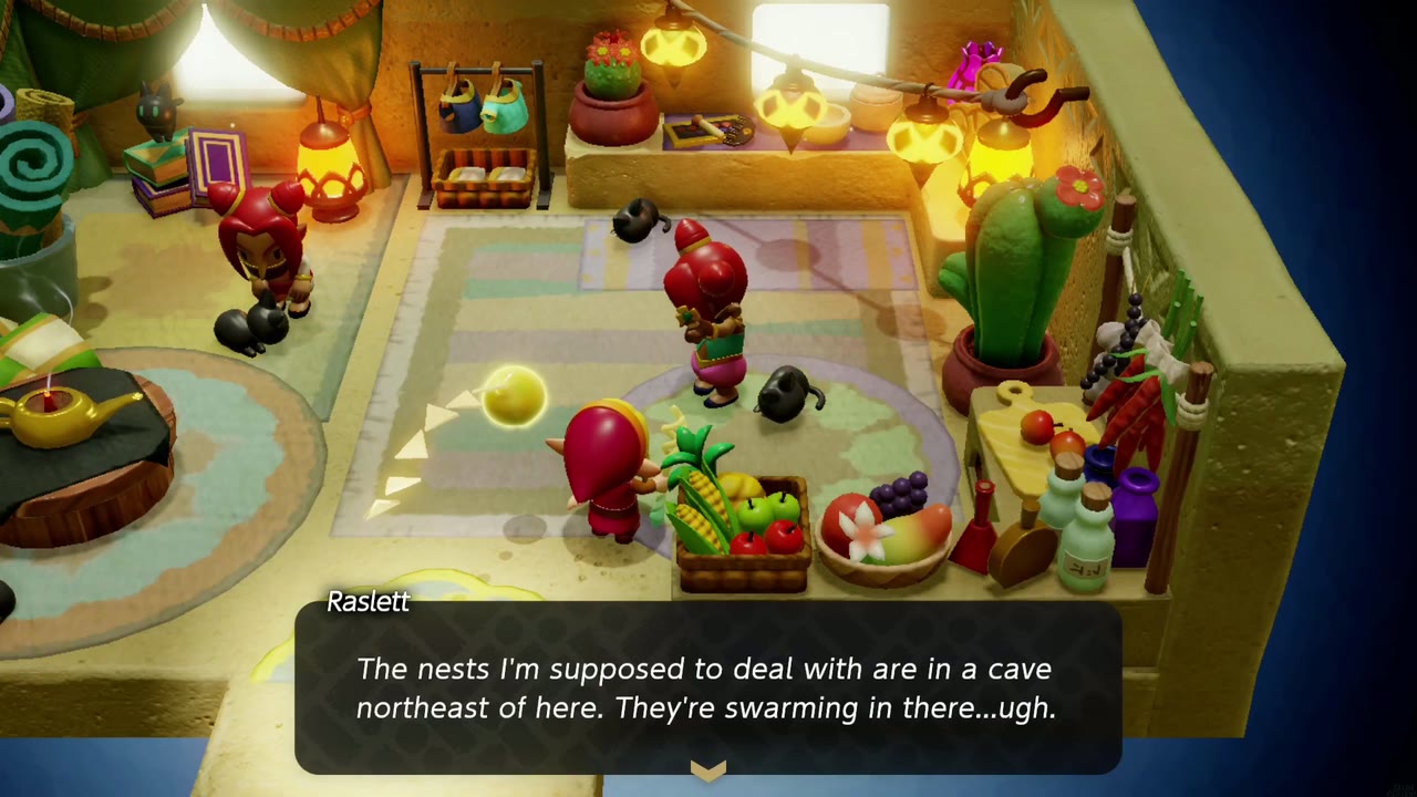 Raslett in her Gerudo Town house says the beetle nests are in a cave northeast of town. Raslett in her Gerudo Town house says the beetle nests are in a cave northeast of town.