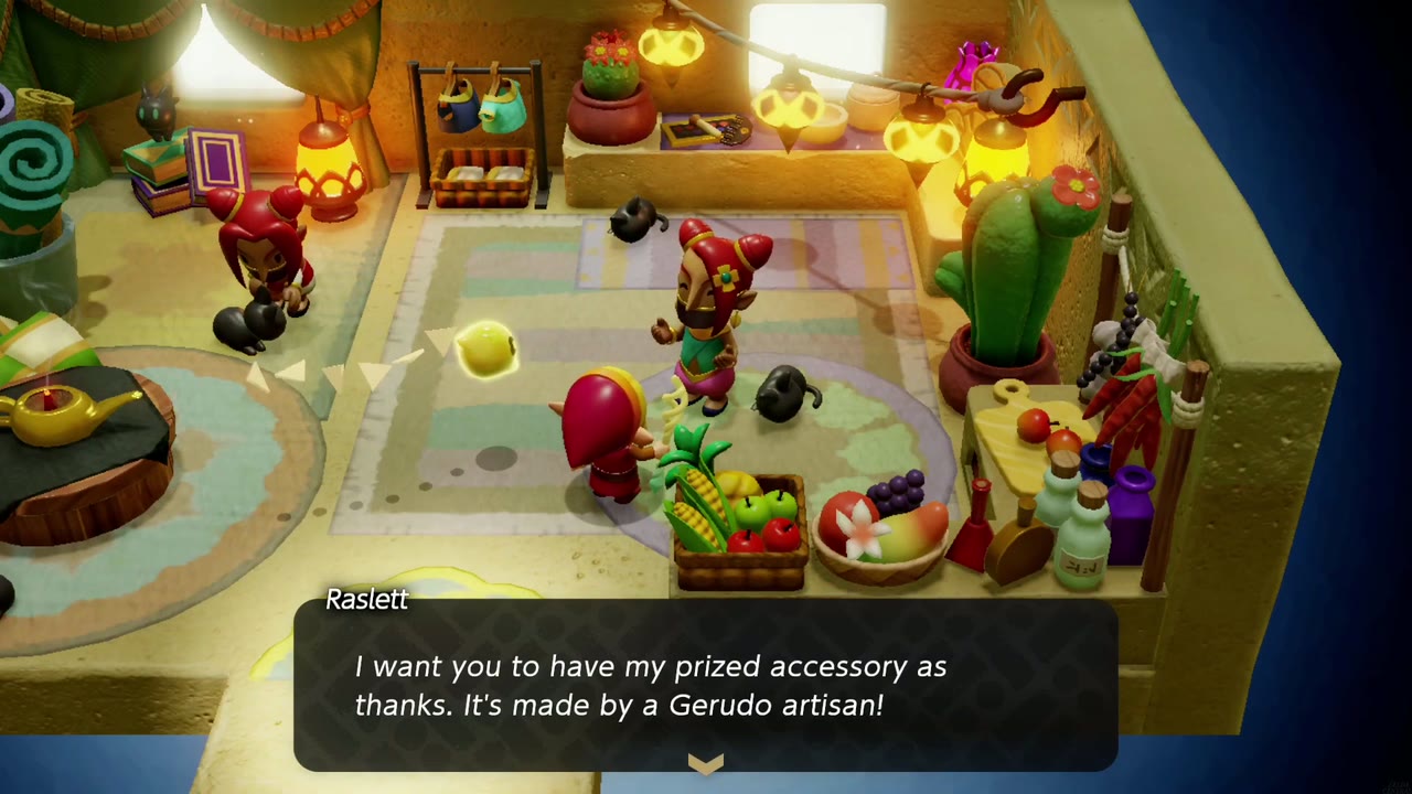 Raslett tells Zelda she wants her to have her prized accessory, made by a Gerudo artisan Raslett tells Zelda she wants her to have her prized accessory, made by a Gerudo artisan