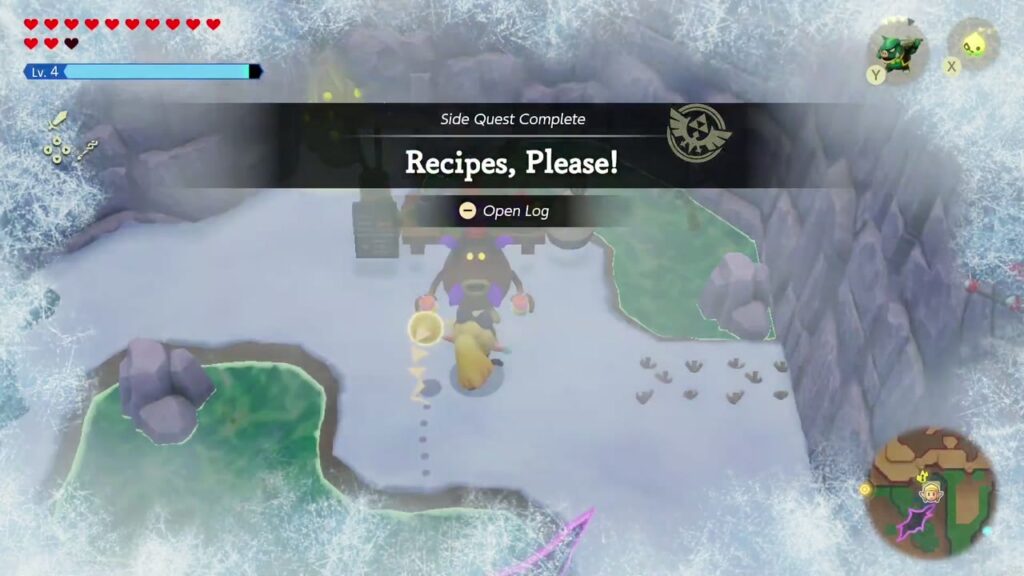 Hebra Mountain: A Rift on Holy Mount Lanayru - The Legend of Zelda: Echoes of Wisdom Walkthrough 26 The Side Quest Complete banner for Recipes, Please! at the Business Scrub's stand on Hebra Mountain.