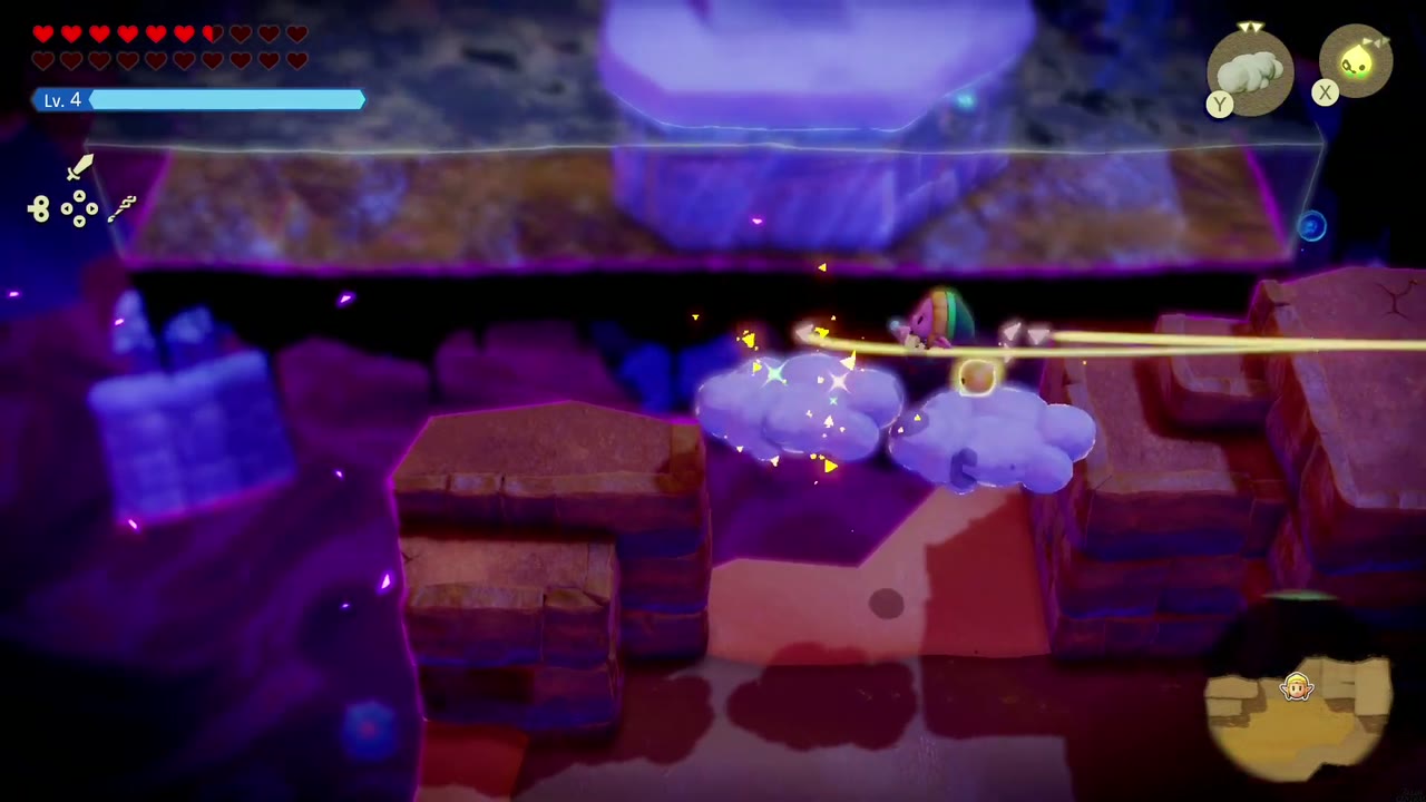 The Eternal Forest - The Legend of Zelda: Echoes of Wisdom Walkthrough 69 Zelda crosses the red brick block area on Cloud echoes beneath a pale slab in the Stilled Ancient Ruins.