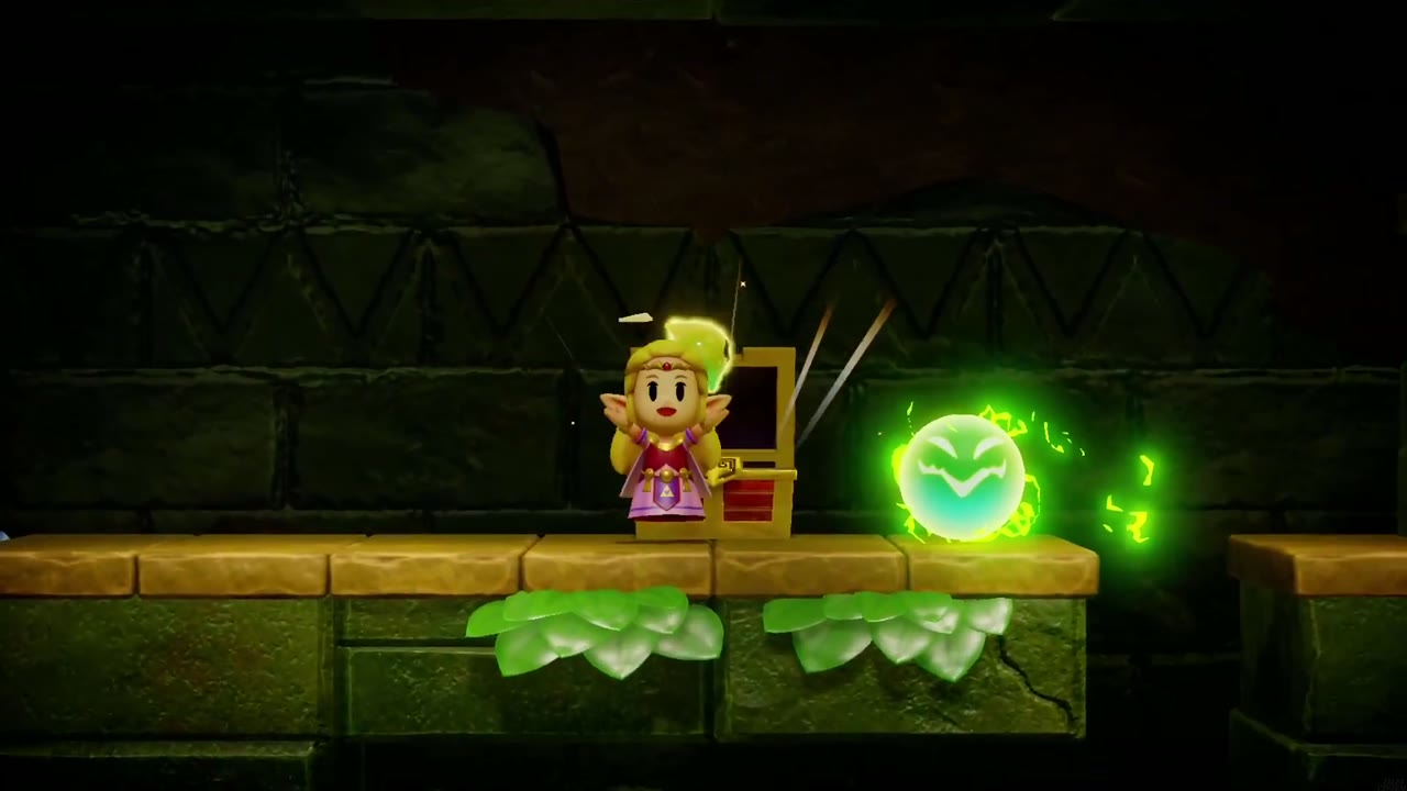 Zelda holds up a red rupee from a small chest on a side-view ledge in the Hidden Ruins. Zelda holds up a red rupee from a small chest on a side-view ledge in the Hidden Ruins.