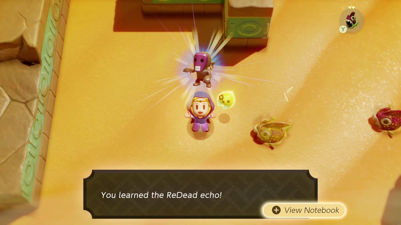 Zelda aprende o eco dos ReDead entre as ruínas de areia ao lado de uma fenda em Gerudo Desert Zelda aprende o eco dos ReDead entre as ruínas de areia ao lado de uma fenda em Gerudo Desert