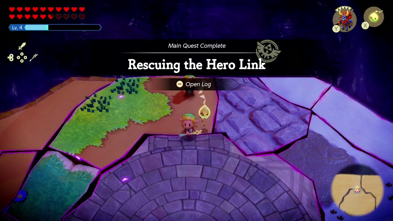 The Eternal Forest - The Legend of Zelda: Echoes of Wisdom Walkthrough 89 The "Main Quest Complete: Rescuing the Hero Link" banner appears with Zelda and Link in the arena.