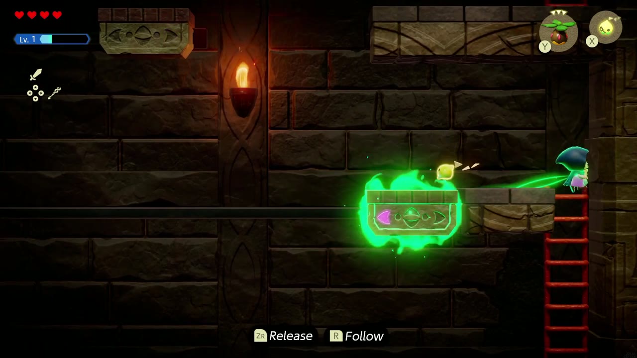 Ainda presa pelo Vínculo Reverso, Zelda desliza lateralmente pela plataforma em direção a uma escada. Ainda presa pelo Vínculo Reverso, Zelda desliza lateralmente pela plataforma em direção a uma escada.