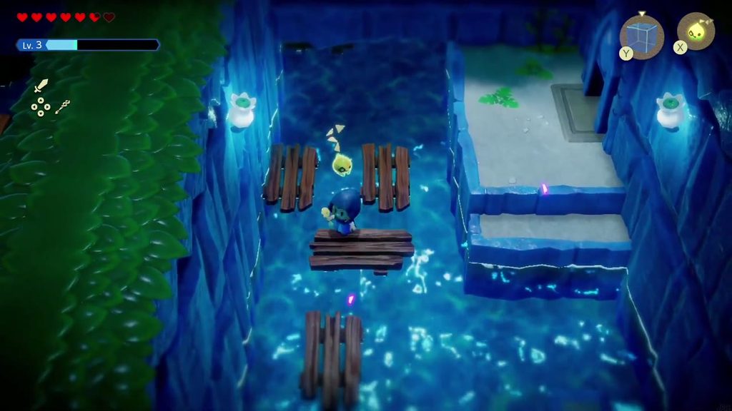 Zelda rides a floating wooden platform south on the current in the log-strewn water room.