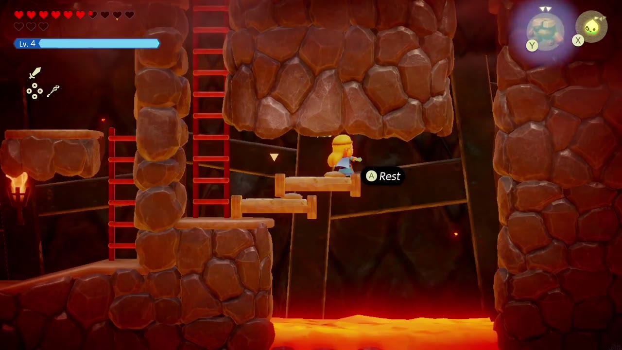 A Mountainous Mystery - The Legend of Zelda: Echoes of Wisdom Walkthrough 24 Zelda rides an Old Bed raft across a wide lava pool below the ladders.