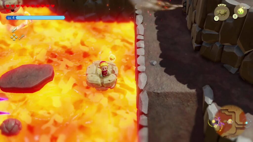 The Rift on Eldin Volcano - The Legend of Zelda: Echoes of Wisdom Walkthrough 42 Zelda rides a Lava Rock echo across the northern lava lake on Eldin Volcano.