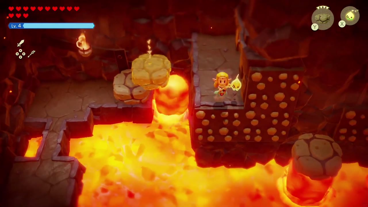 Zelda rides a Lava Rock echo across the lava in the flame giant's cave. Zelda rides a Lava Rock echo across the lava in the flame giant's cave.