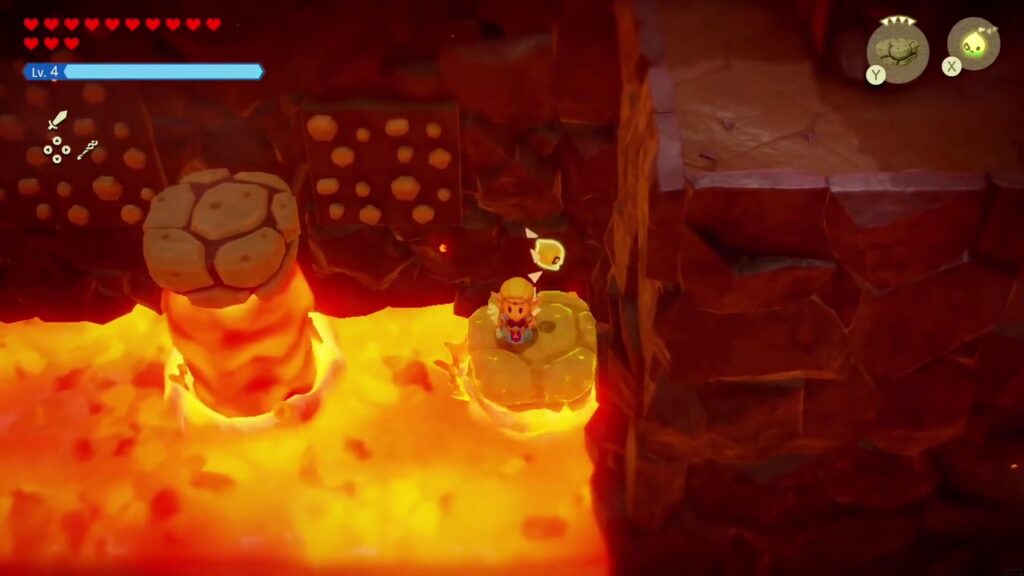 The Rift on Eldin Volcano - The Legend of Zelda: Echoes of Wisdom Walkthrough 82 Zelda rides a Lava Rock echo across the molten lava inside the Summit Cave.